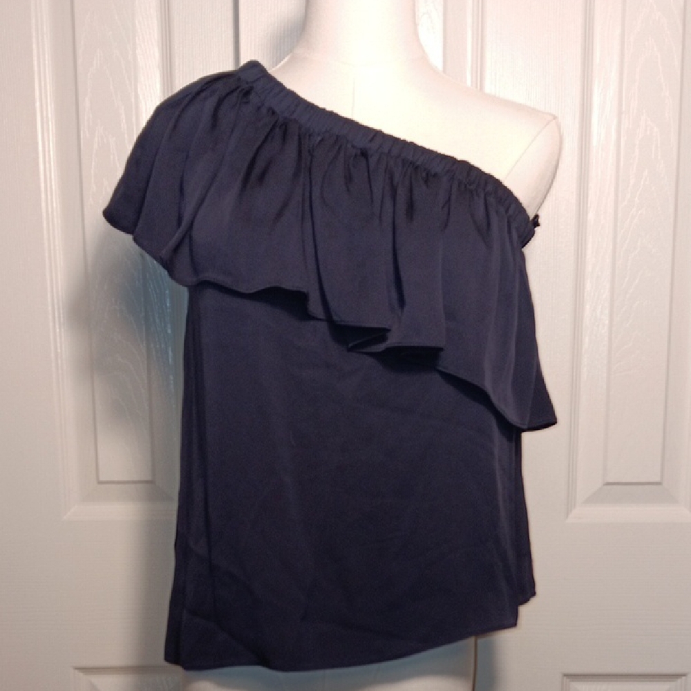 Milly One-Shoulder Ruffle Top In Navy Blue - Picture 3 of 11